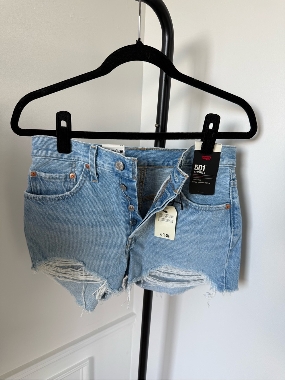 Levi's Light Blue 501 Button-Fly Distressed Denim Shorts